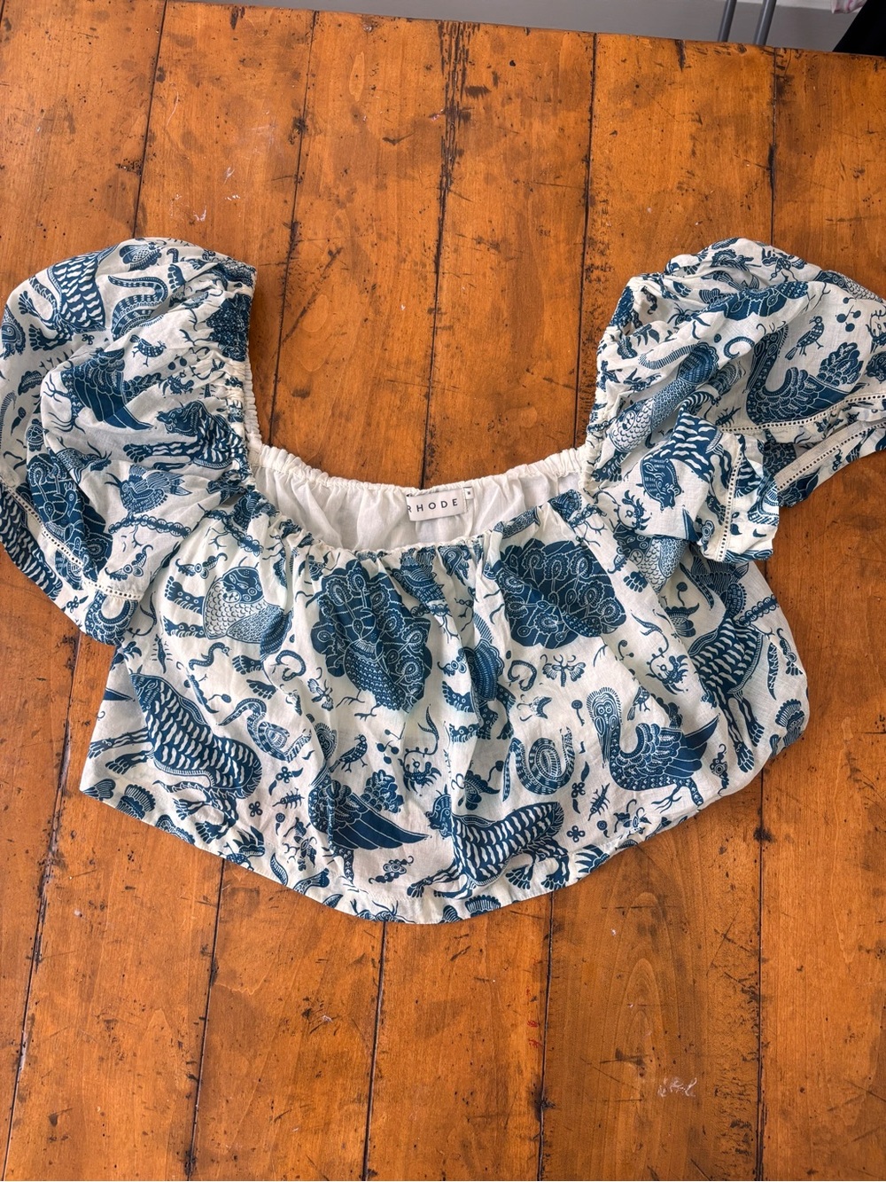 RHODE White Crop Top with Blue Botanical & Animal Print
